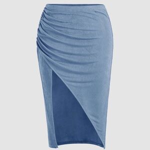 Cider Blue Midi Pencil Skirt with Ruched Slit